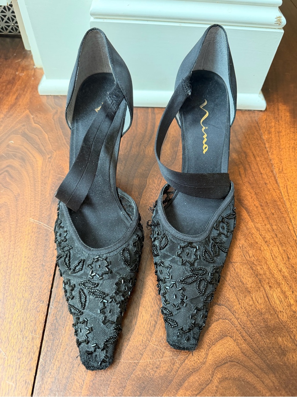 Nina Black Beaded Pointed Ankle-Strap Heels